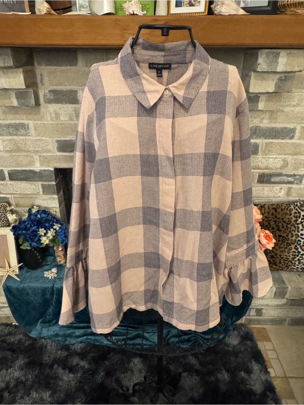 Lane Bryant Light Pink & Navy Plaid Button-Front Blouse